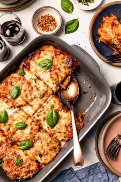 An Italian dish with eggplant and cheese in a casserole dish from the top view.