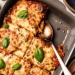 Simple Eggplant Parmesan in a casserole dish shown from the top view.