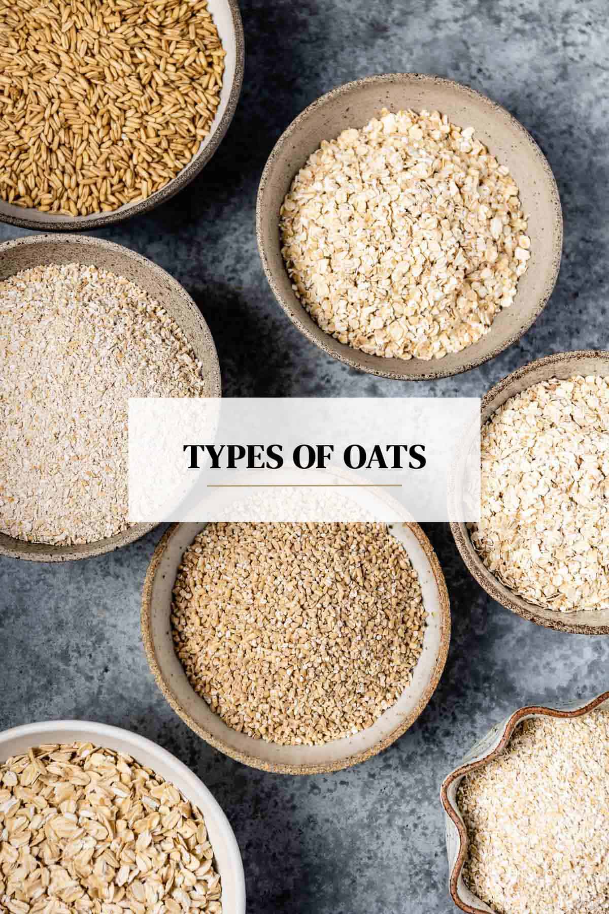 Different types of oats are placed in bowls from the top view.