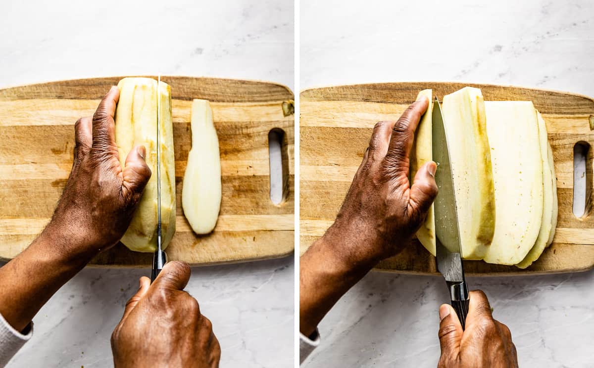A person slicing eggplant into long slices shown from the top view.