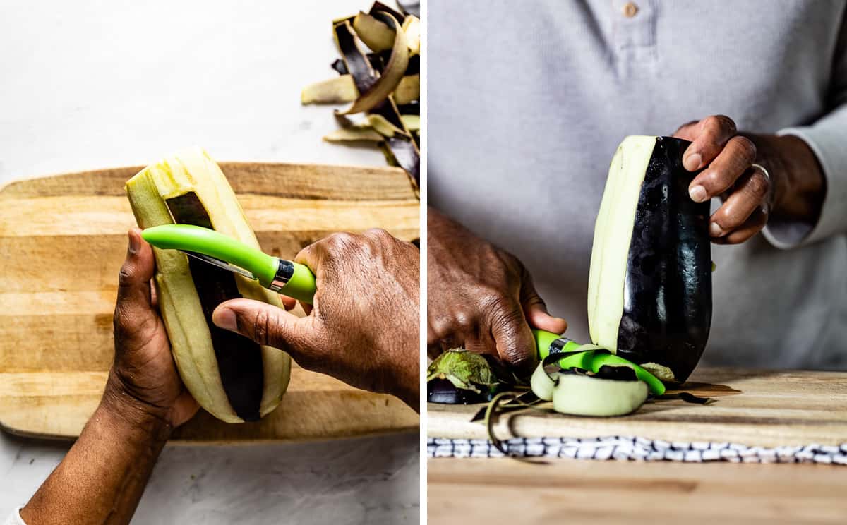 A person using a vegetable peeler to peel the skin from an eggplant. 