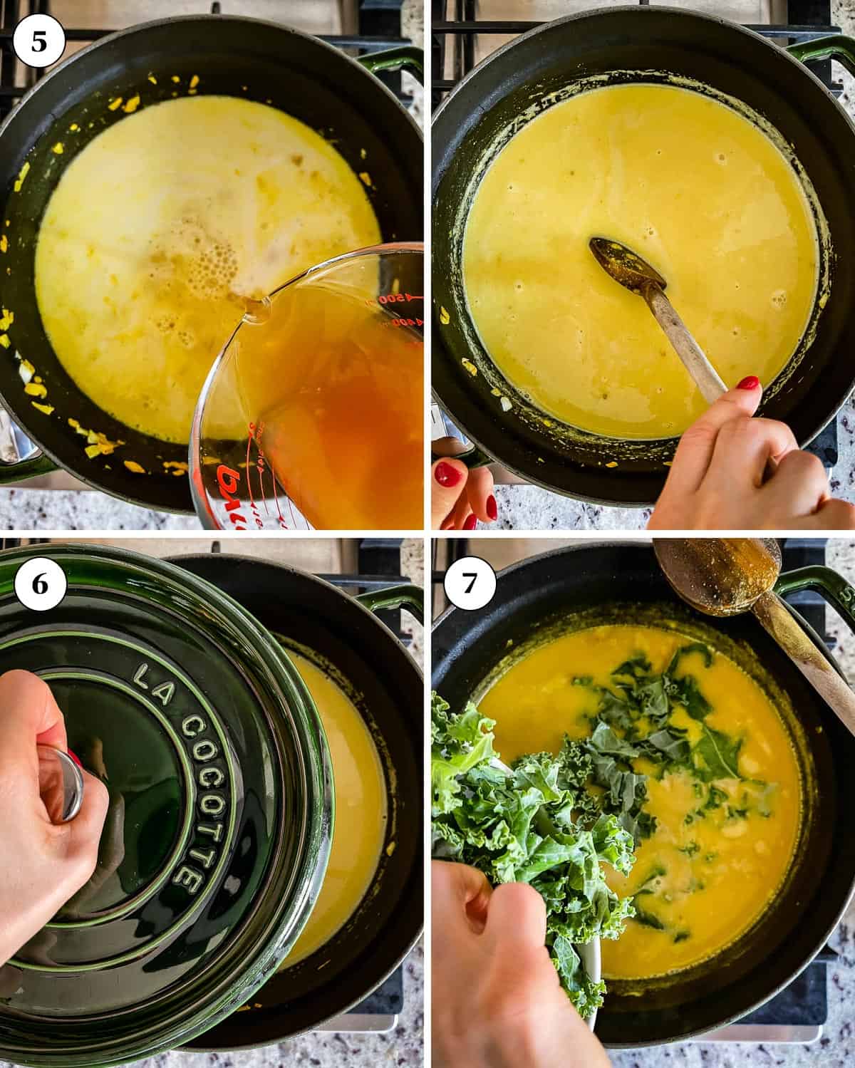 Images showing how to simmer the spiced chickpea stew with coconut and turmeric.