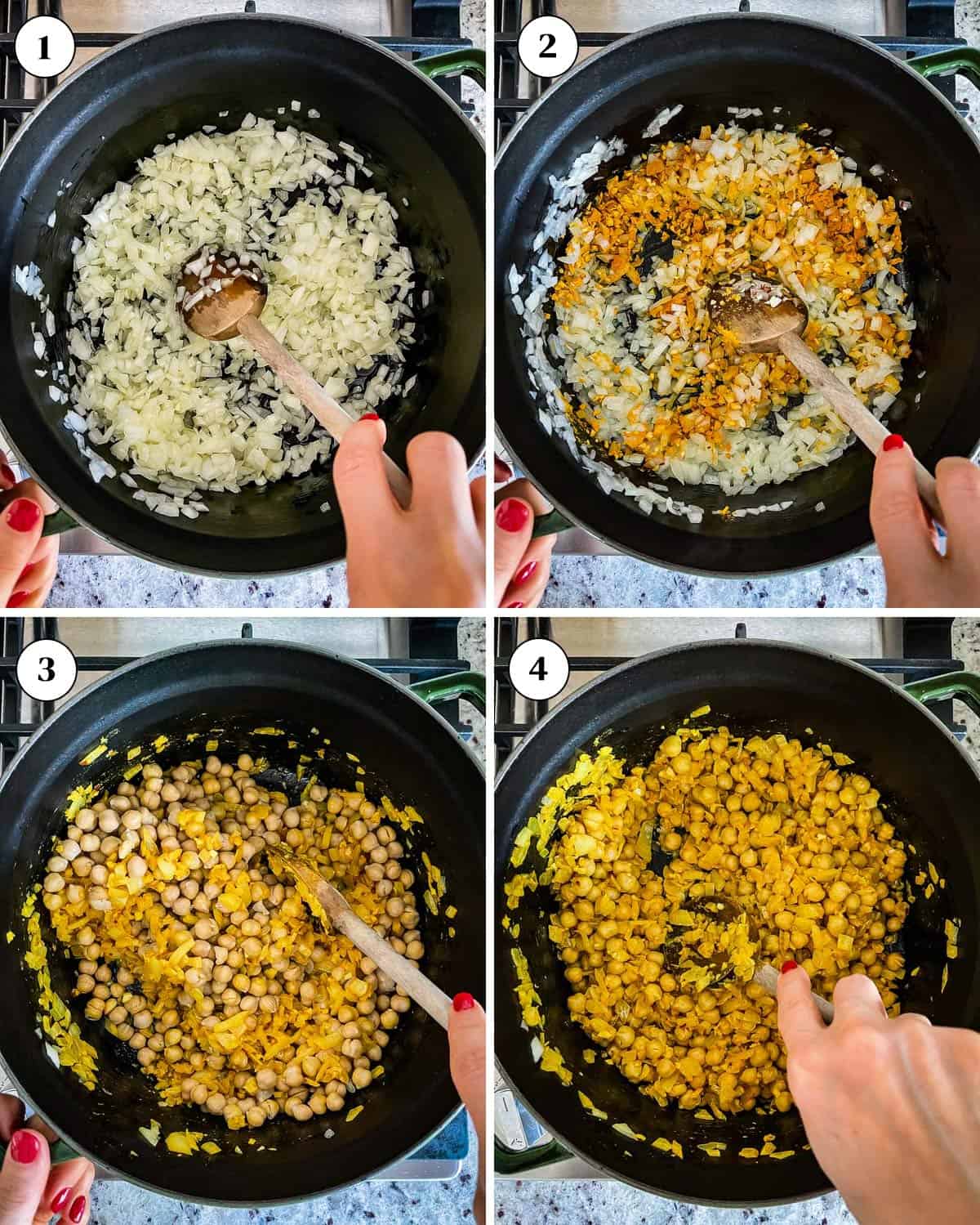 A collage of images showing how to sauté onions and crush spiced chickpeas with a wooden spoon.