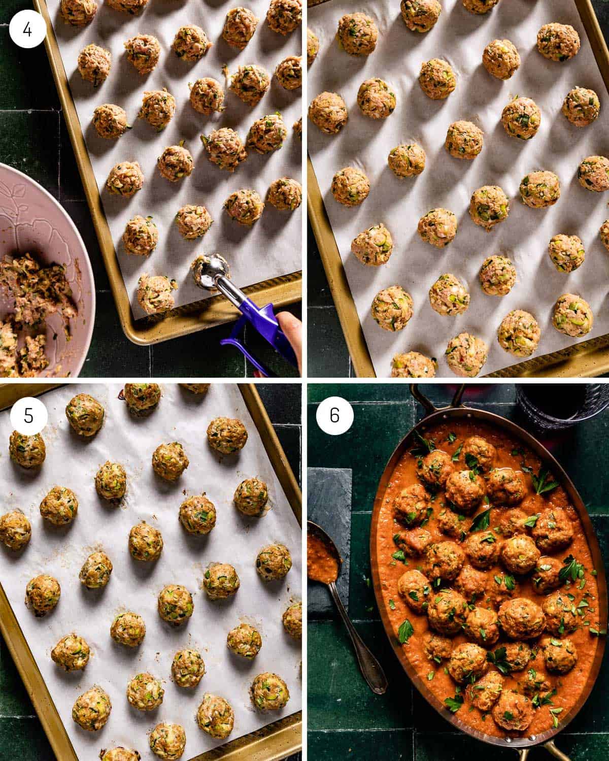A series of images showing how to bake and serve zuccini meatballs. 