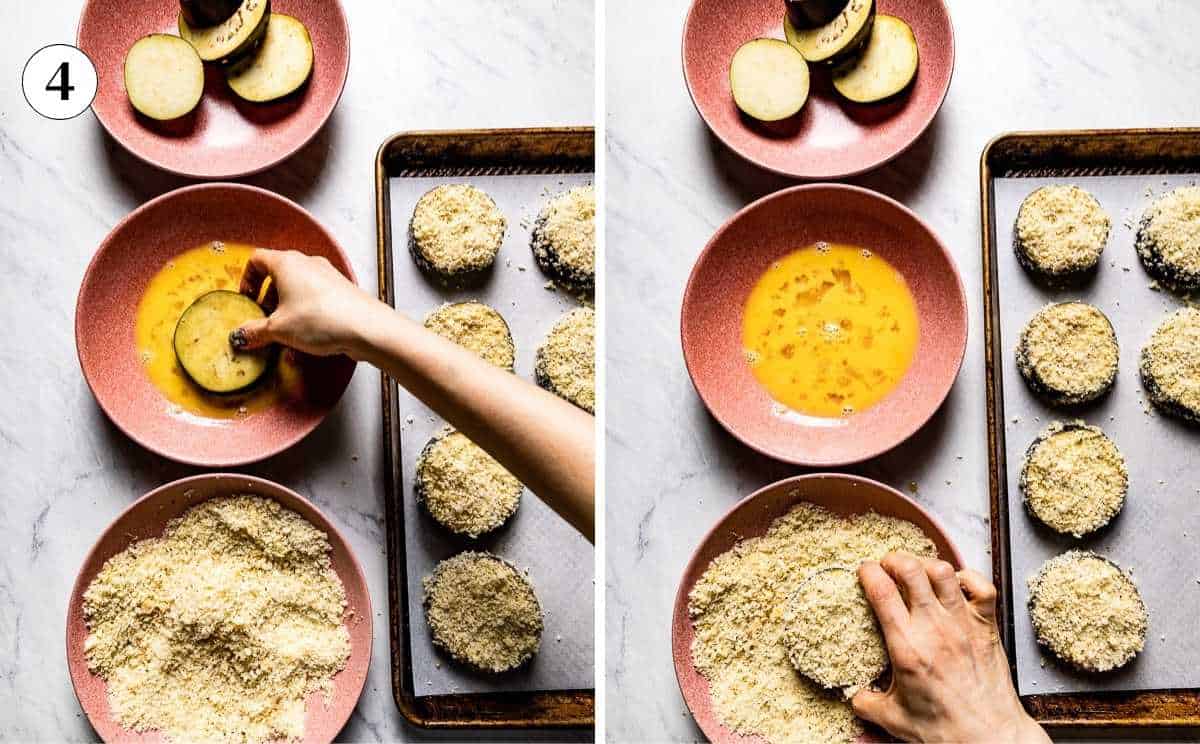 Dipping an eggplant round in beaten egg, then pressing it into panko before baking.