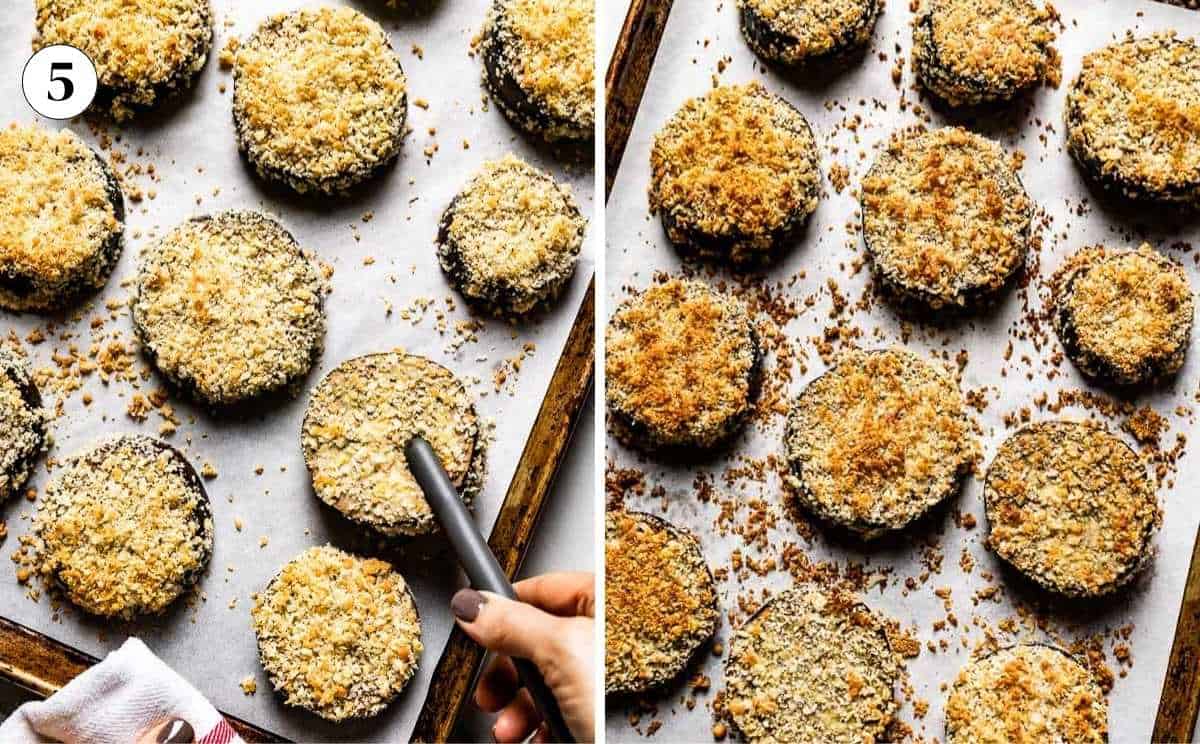 Panko-breaded eggplant rounds on a sheet pan before baking, then golden and crisp after.