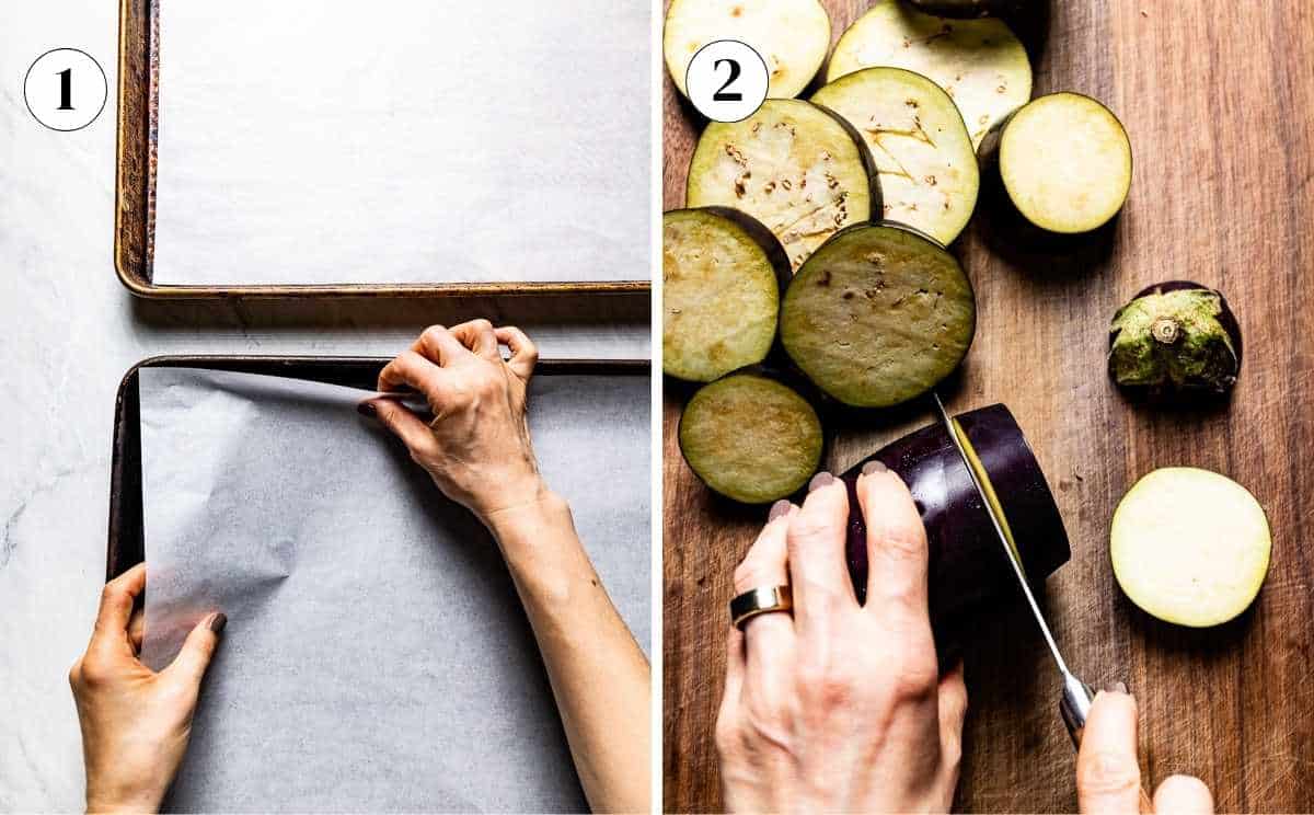 Hand lining a sheet pan with parchment, then slicing eggplant into rounds on a cutting board.