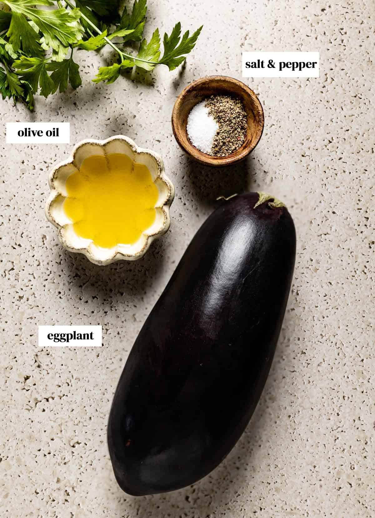 Ingredients needed to make pan fried eggplant from the top view.