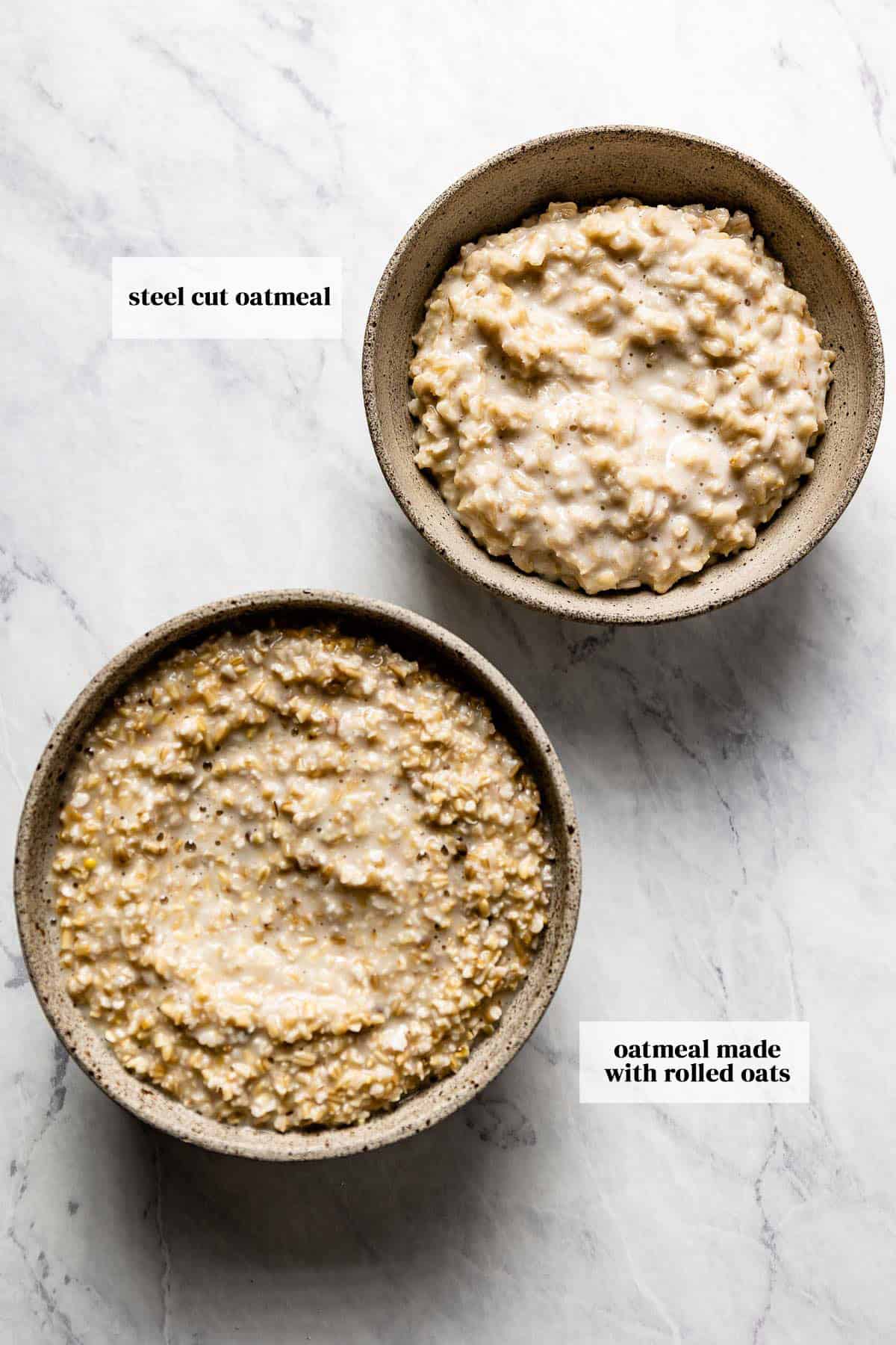 Steel cut oatmeal and oatmeal made with rolled oats in small bowls from the top view.