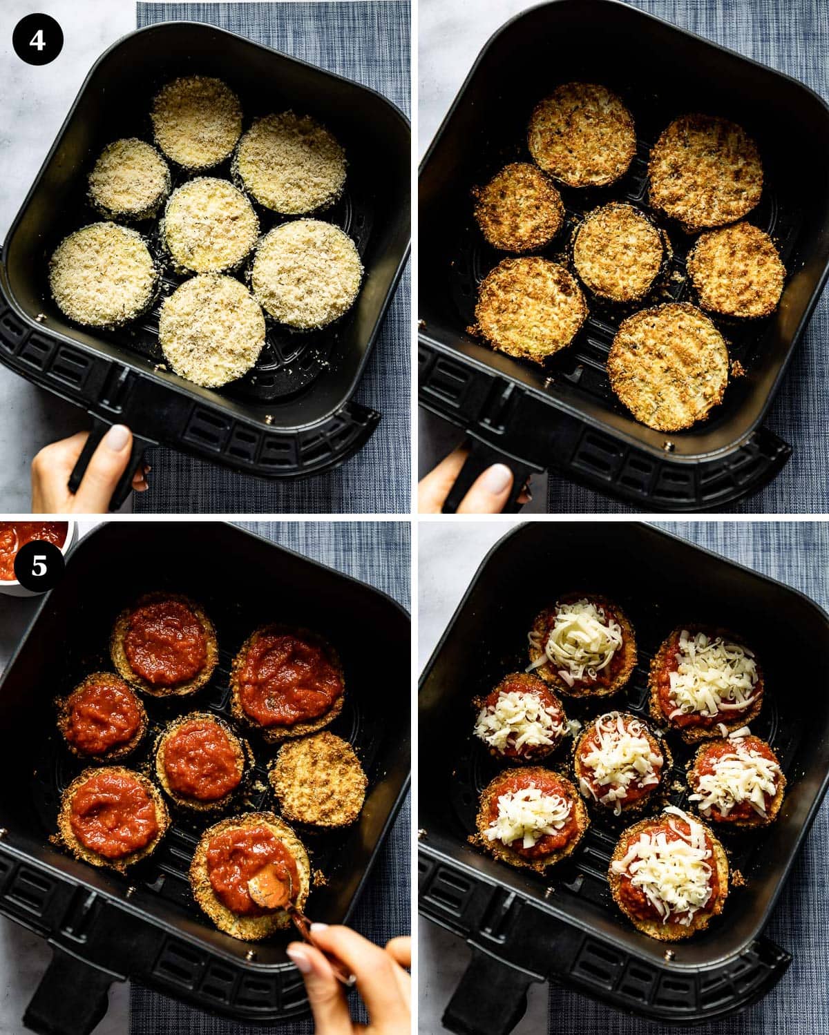 A collage of images showing how to make air fried eggplant parmesan.