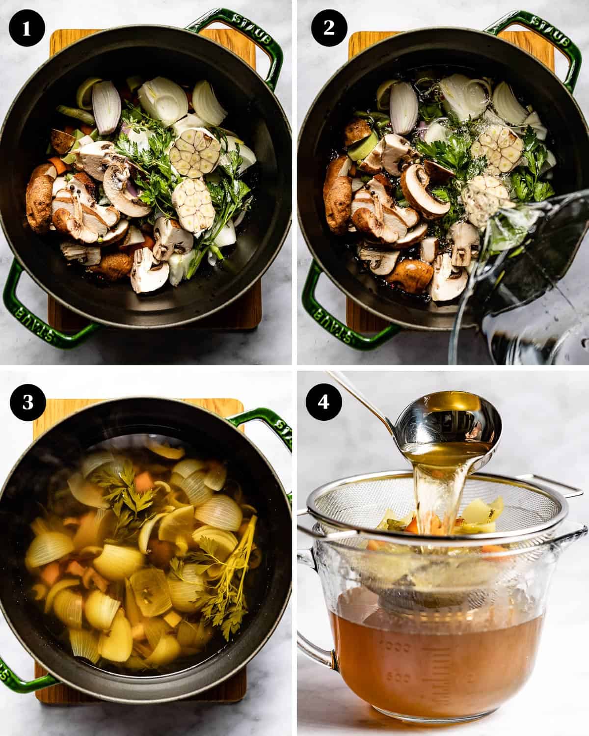 A collage of photos showing how to make your own vegetable broth.