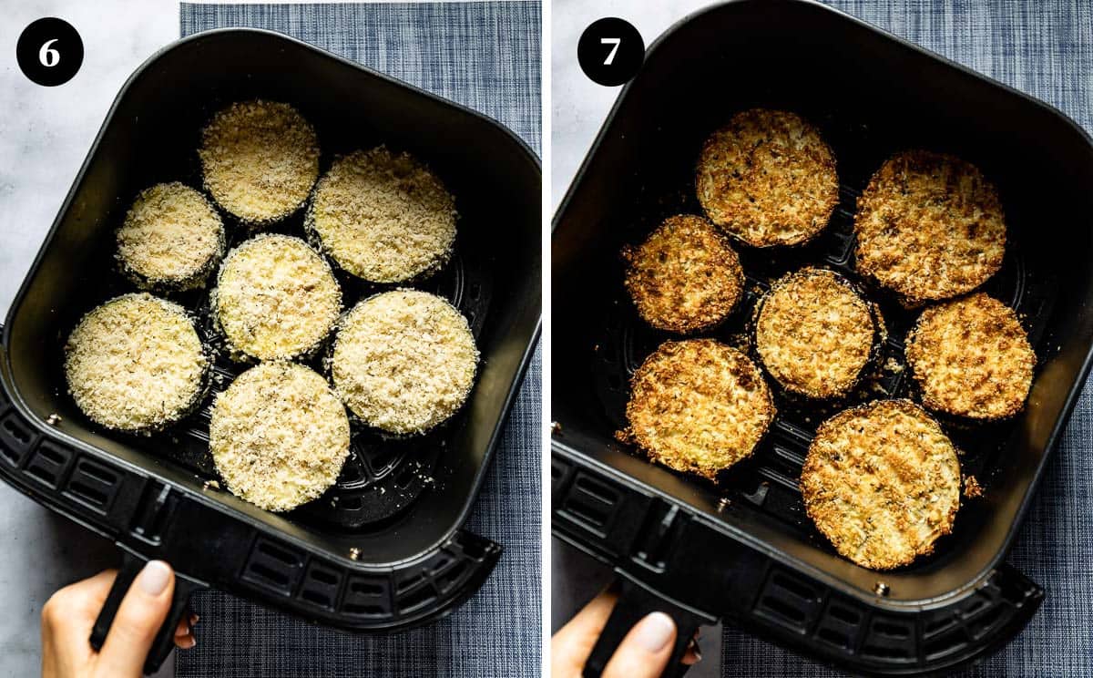 A collage of images showing breaded eggplant slices in the air fryer before and after they are cooked.