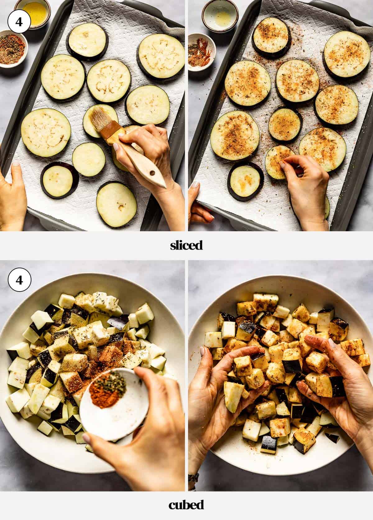 Person showing how to prepare and season eggplant in a collage of images.