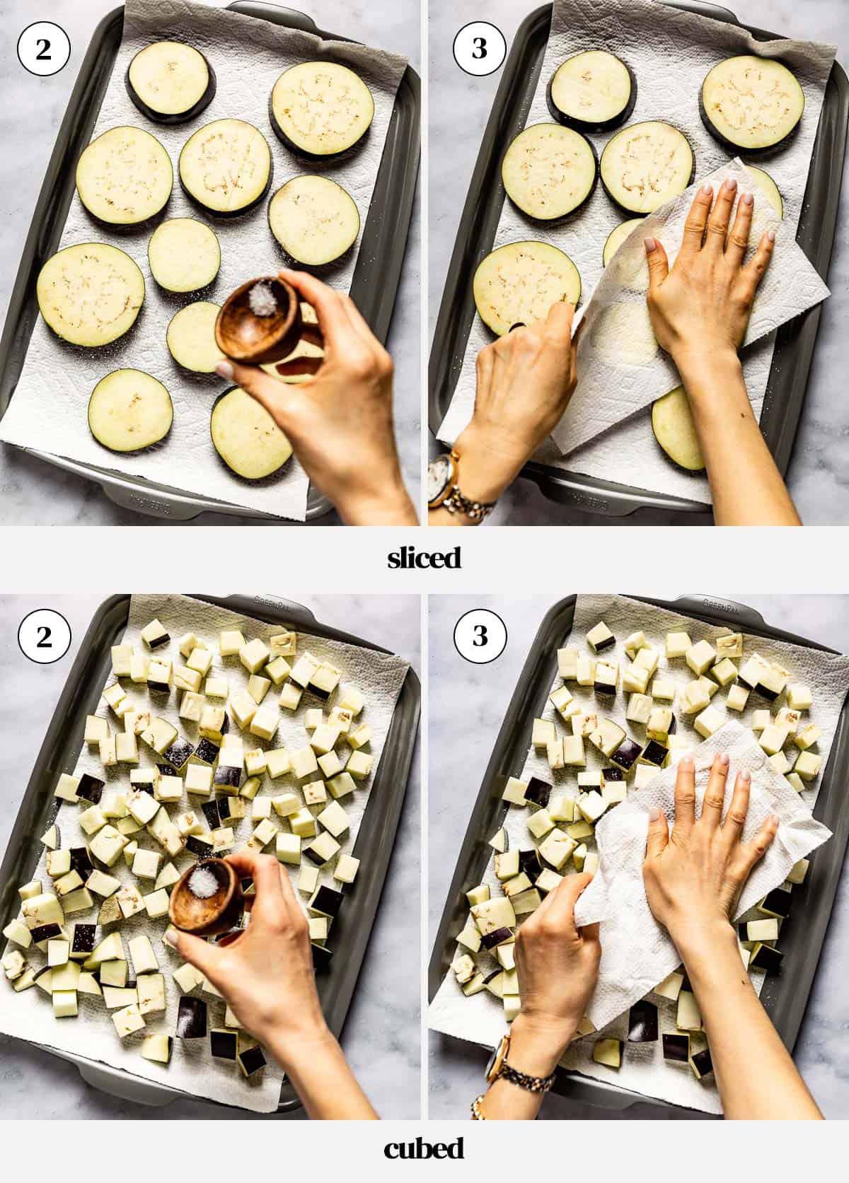 Person showing how to season aubergine in a collage of images.