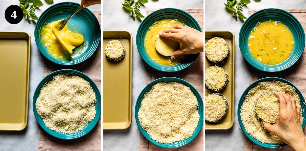 Person showing how to bread eggplant slices before air frying in a collage of images. 