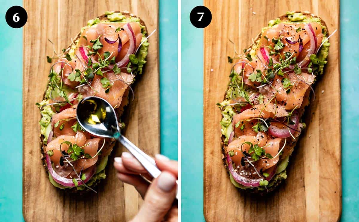 A collage of photos showing how to assemble avocado salmon toast.