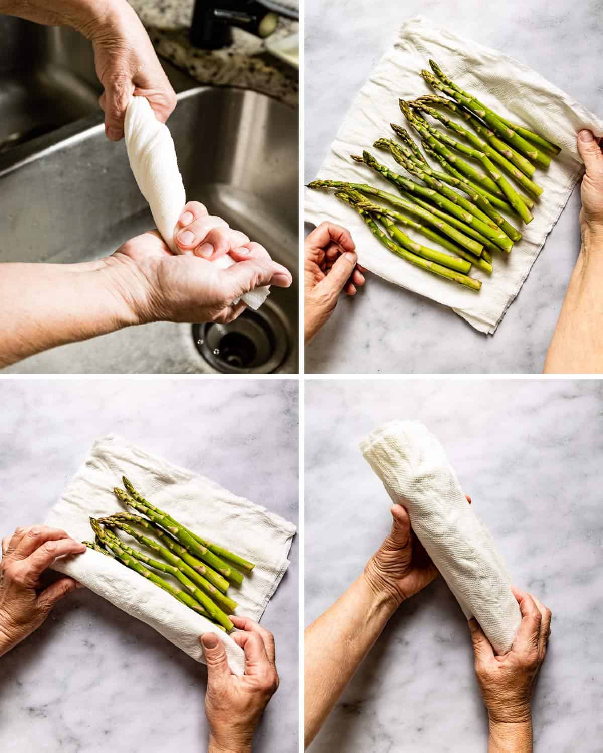 A collage of images showing how to steam asparagus in the microwave.