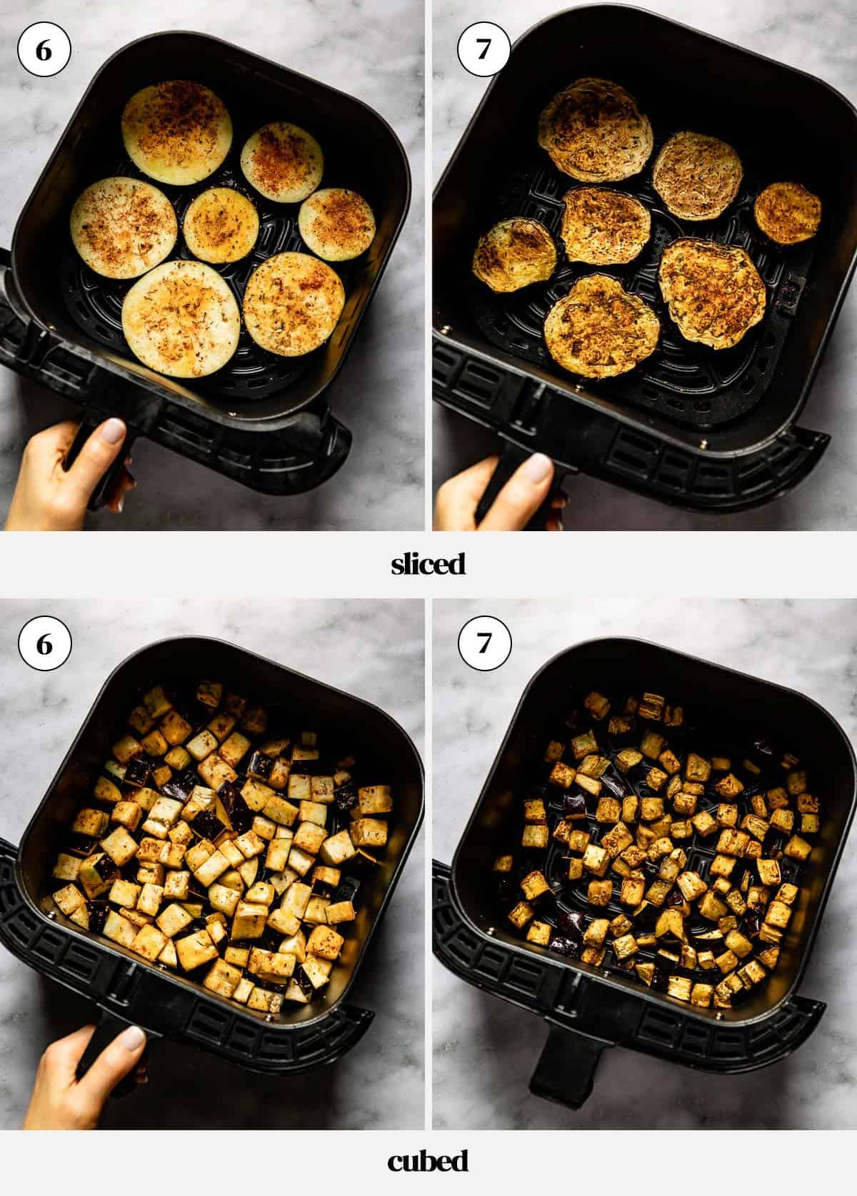Person showing how to cook eggplant slices and eggplant cubes in the air fryer.