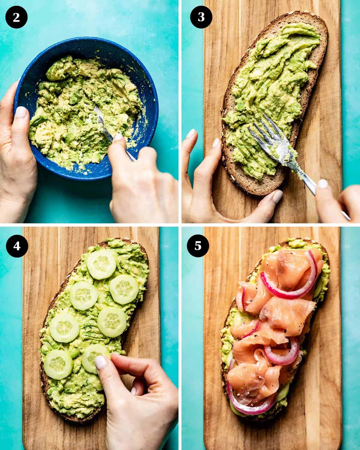 A collage of images showing how to make avocado lox toast.