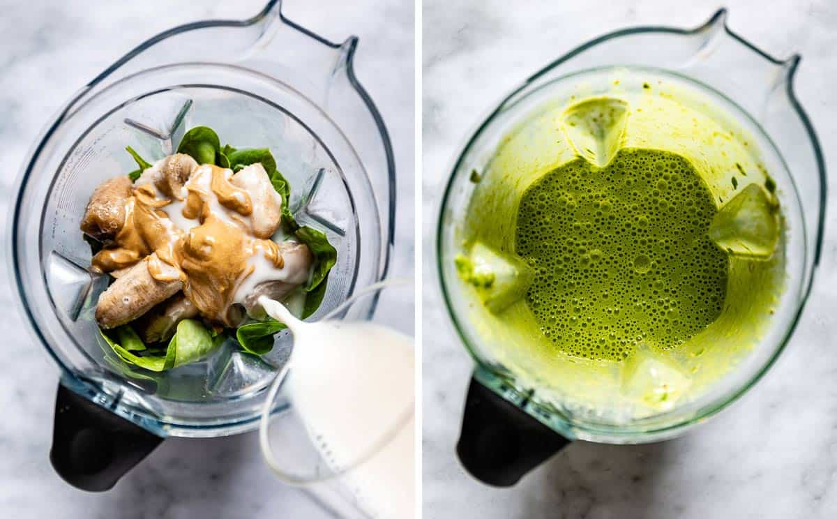 A collage of photos showing how to make spinach banana peanut butter smoothie recipe.