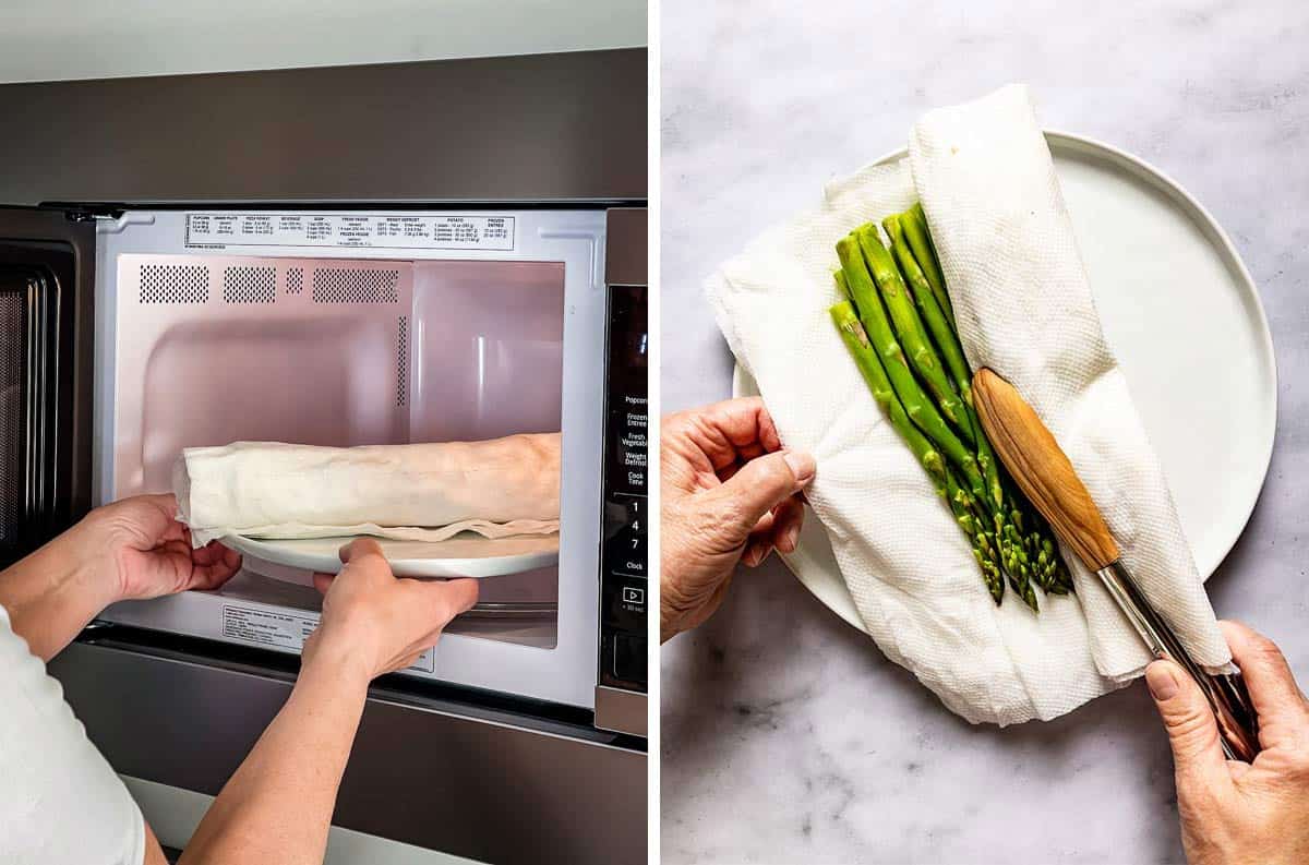Person placing asparagus in microwave with paper towel.