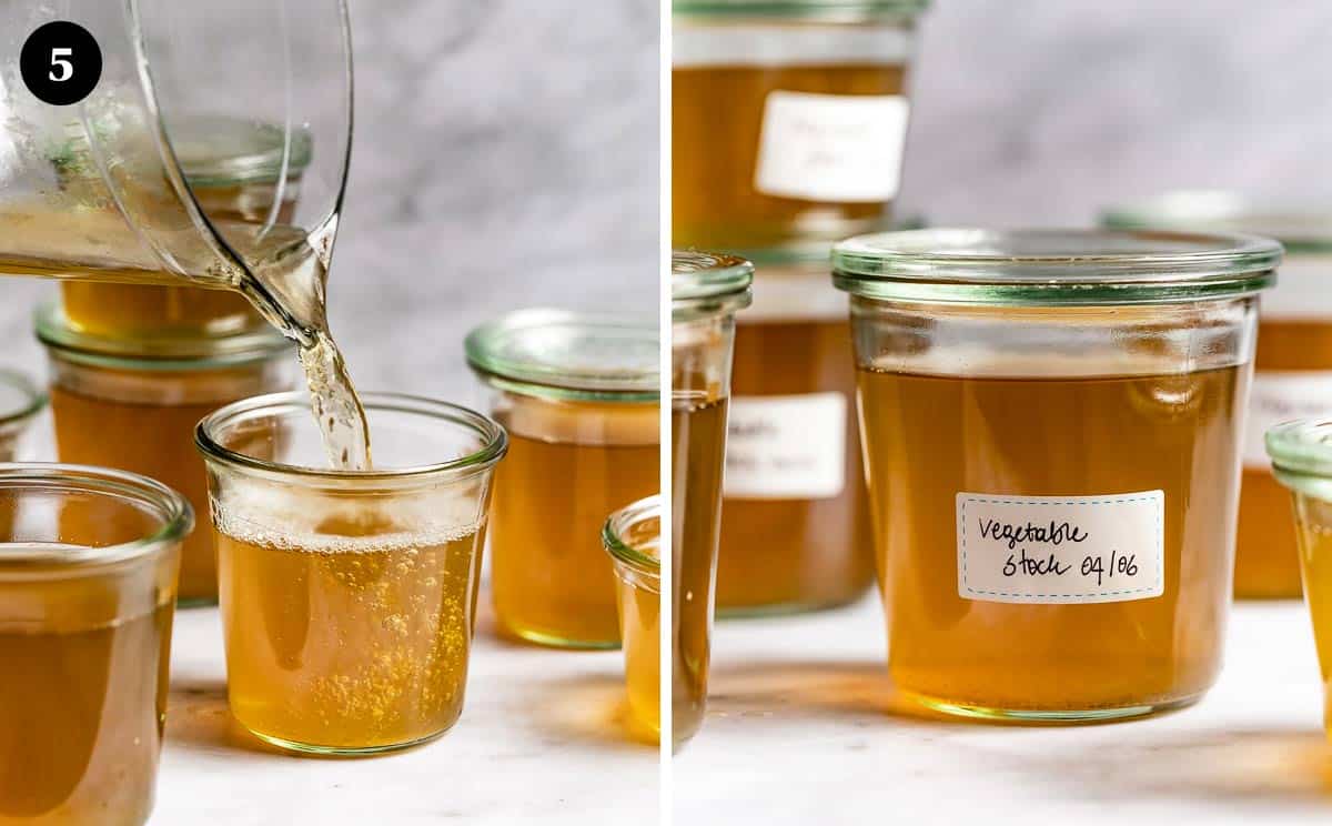 Straining broth into jars and a labeled jar. 