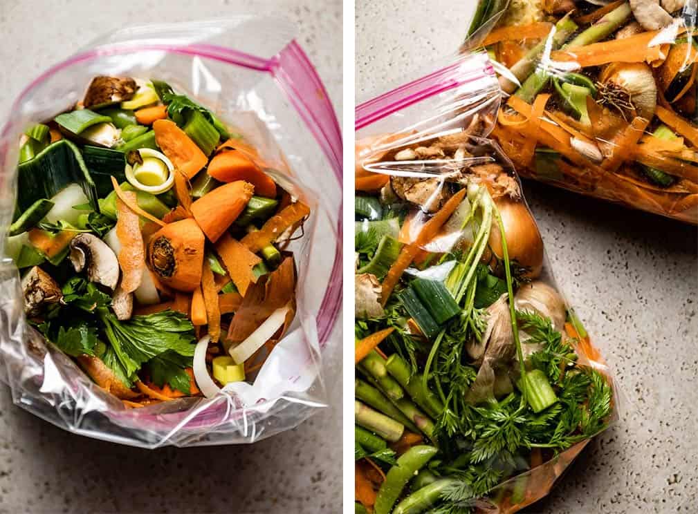 Photos showing how to save scraps for stock in plastic bags.