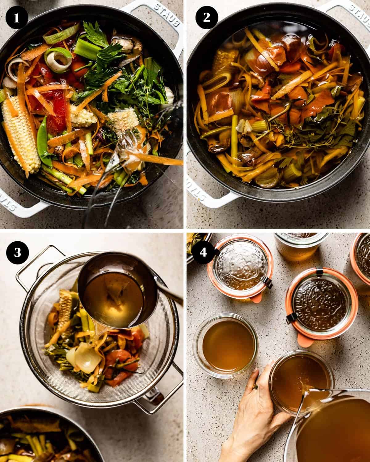 A collage of images showinghow to make veggie broth from scraps.