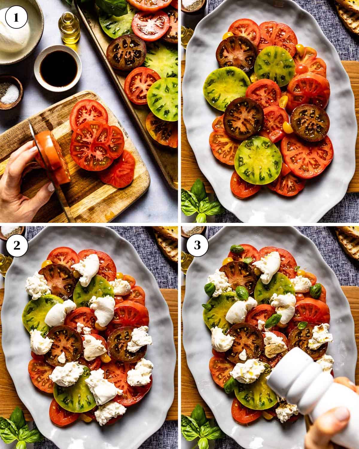 A collage of images showing how to make burrata Caprese recipe.