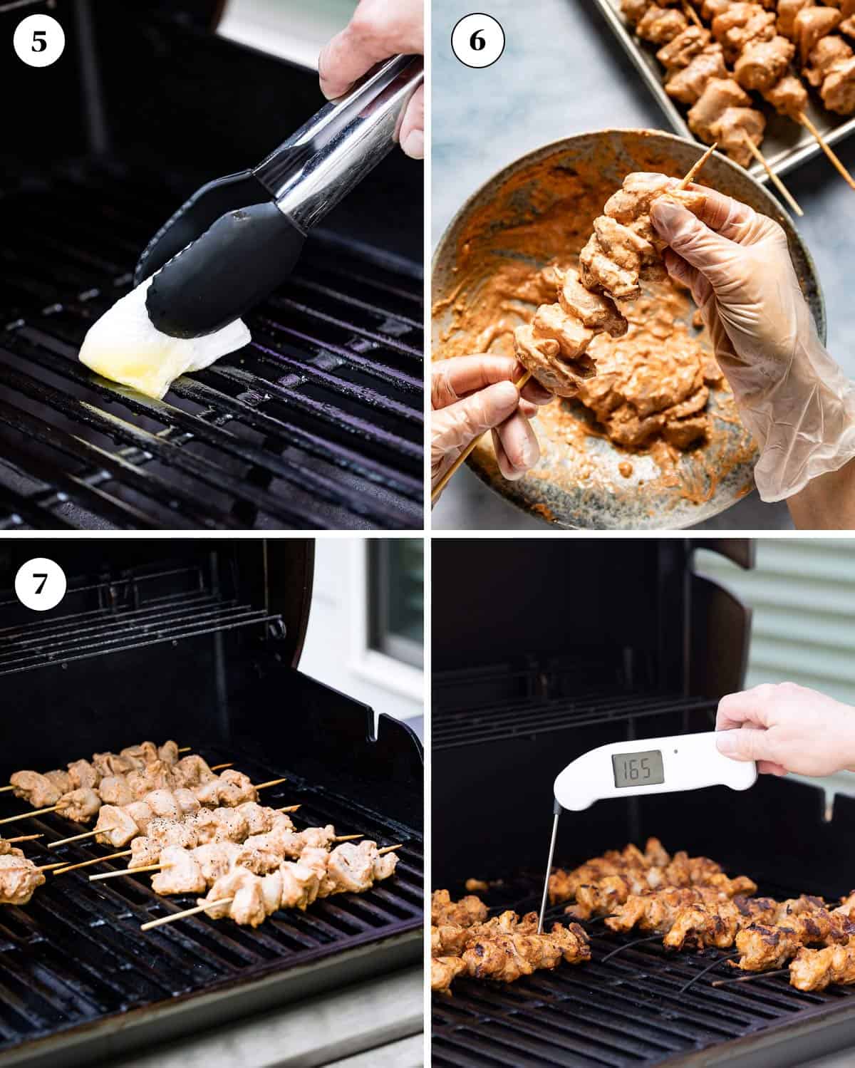 Person showing how to cook lebanese chicken kabobs in a collage of images.