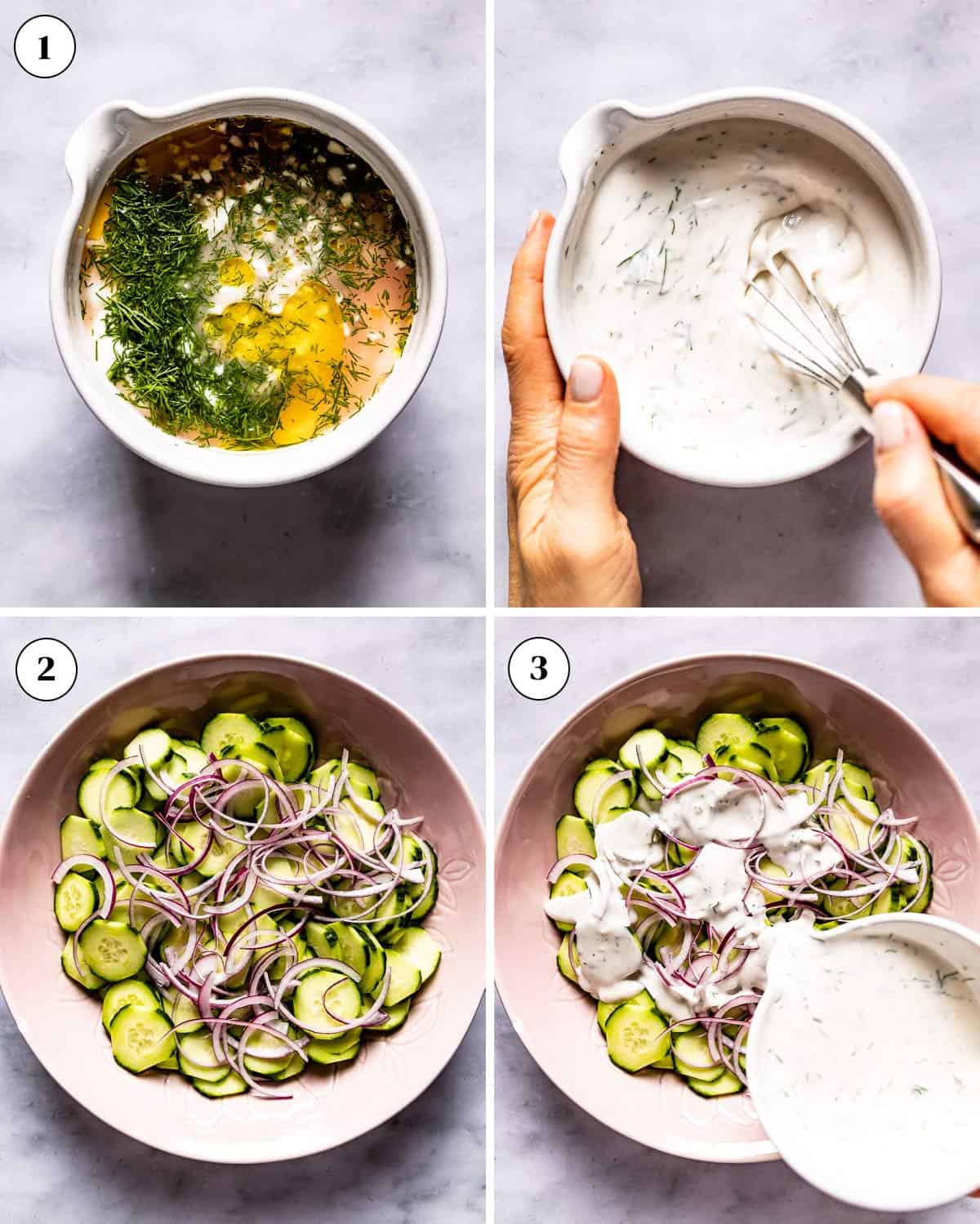 A collage of images showing how to make cucumber salad with Greek yogurt.