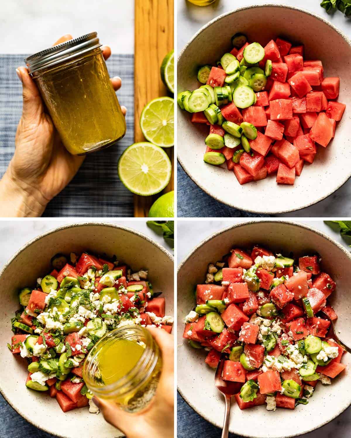 A collage of images showing how to make watermelon salad.