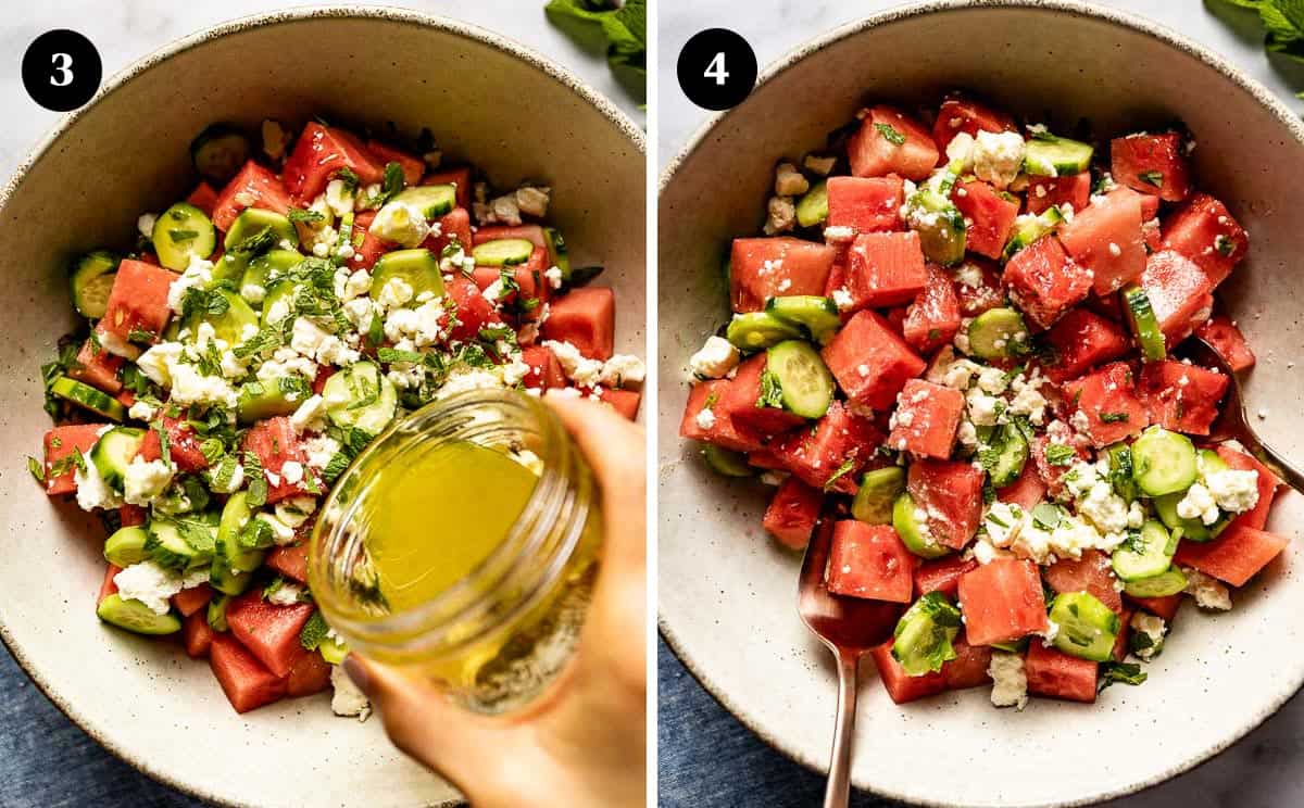 A collage of images showing Mediterranean watermelon salad being drizzled with the dressing.
