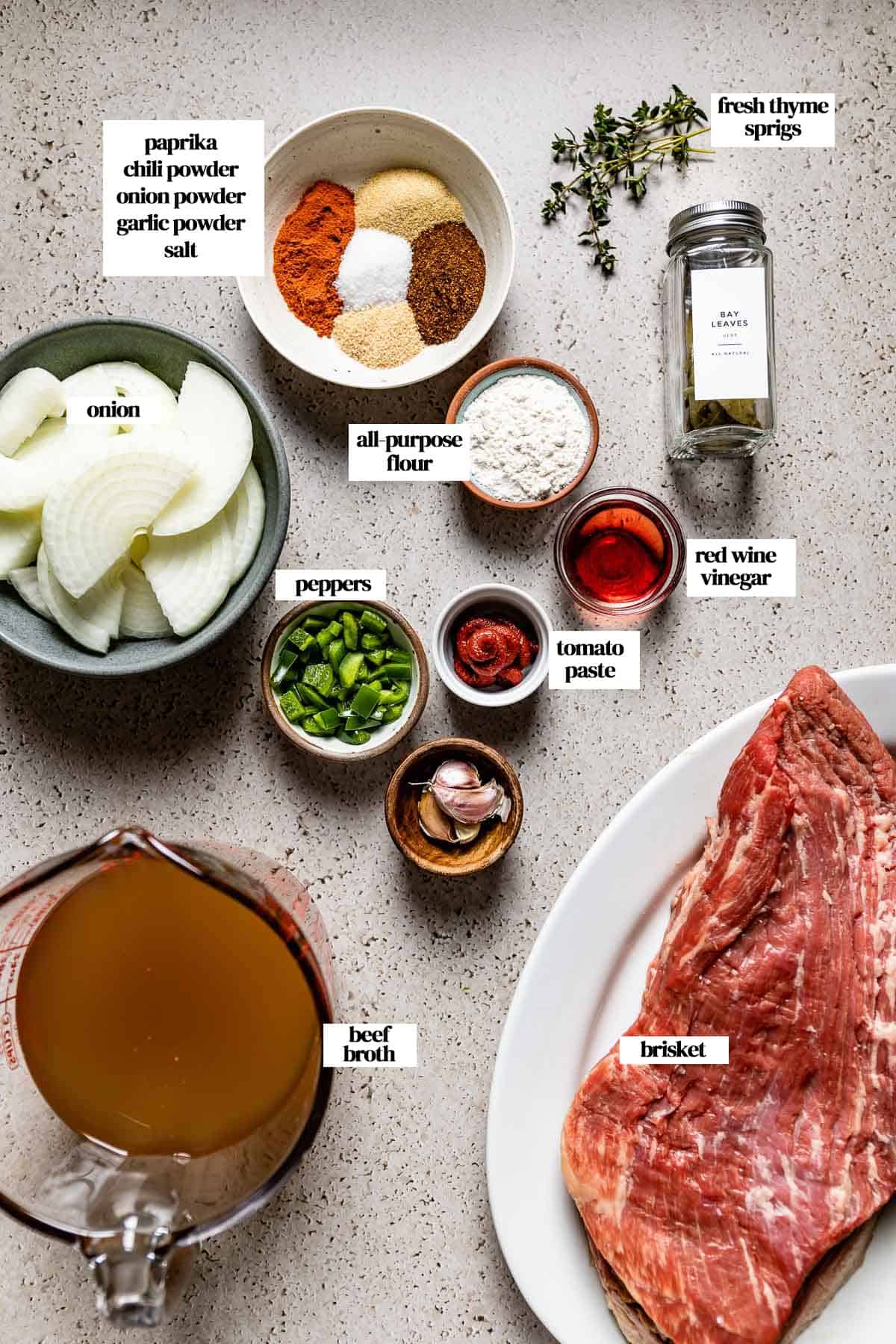 Ingredients for brisket slow cooker tacos from the top view.