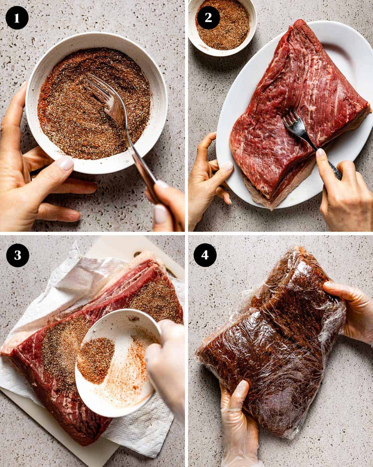 A collage of images showing person preparing meat to make pulled brisket in crock pot.