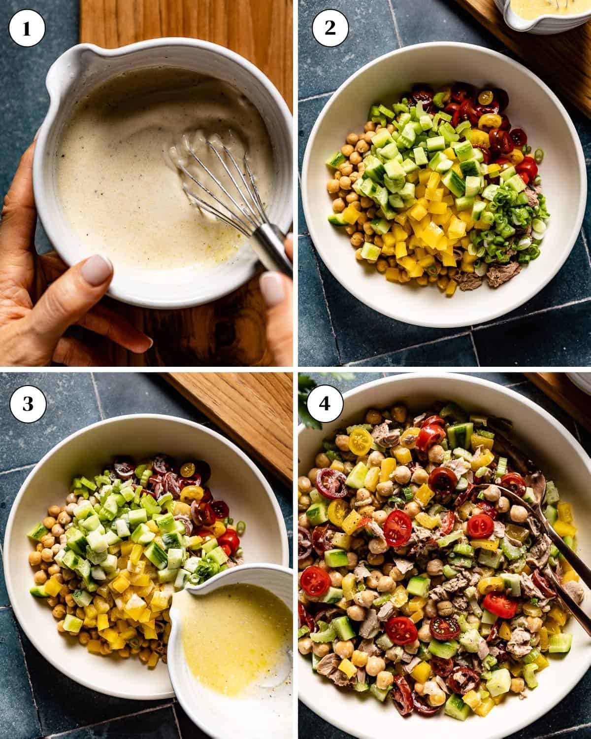 A collage of images showing how to make Tuna and chickpea salad.