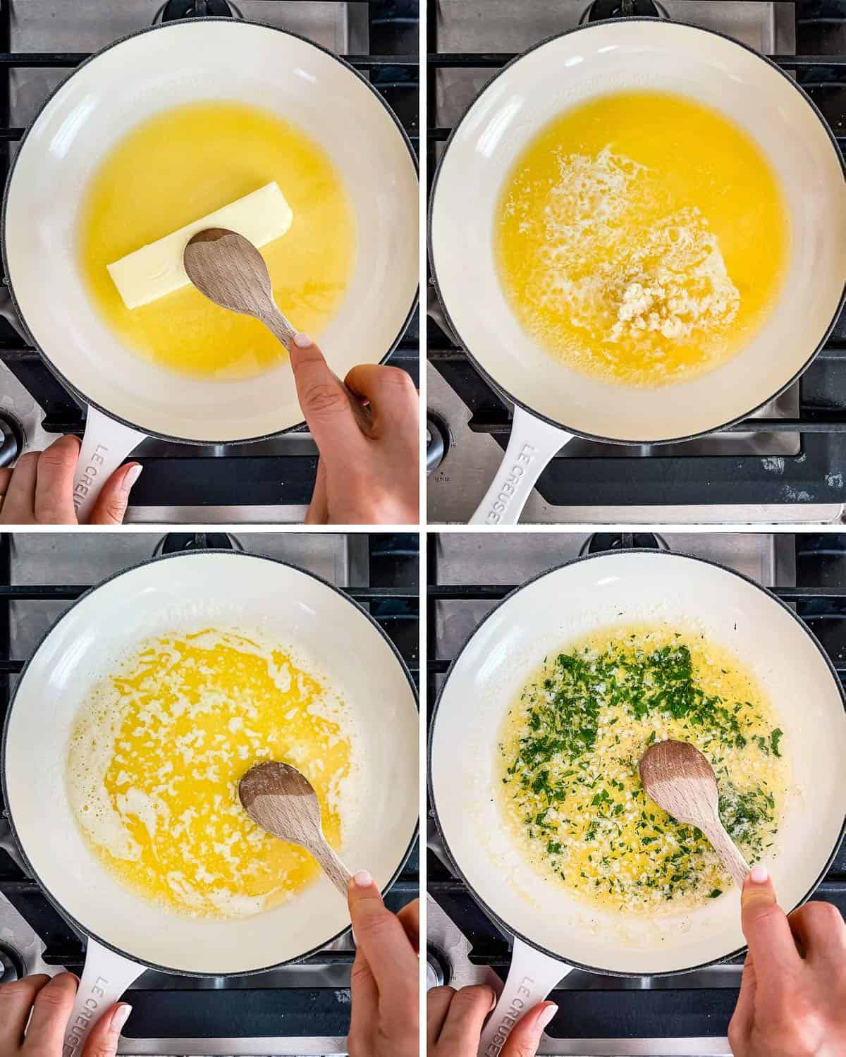 A collage of images showing how to make a garlic butter sauce.