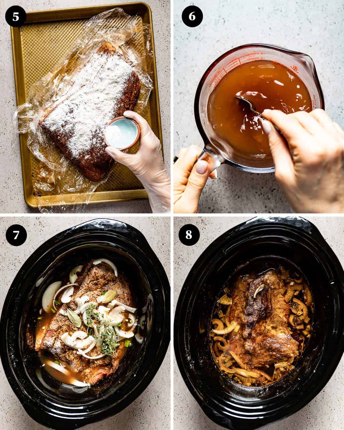 A collage of images showing how to make beef brisket in a crock pot for tacos.