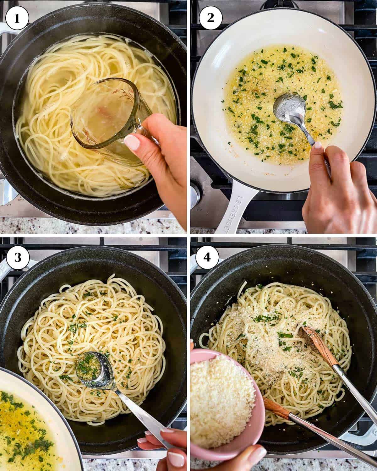 A collage of images showing how to make garlic butter noodles.