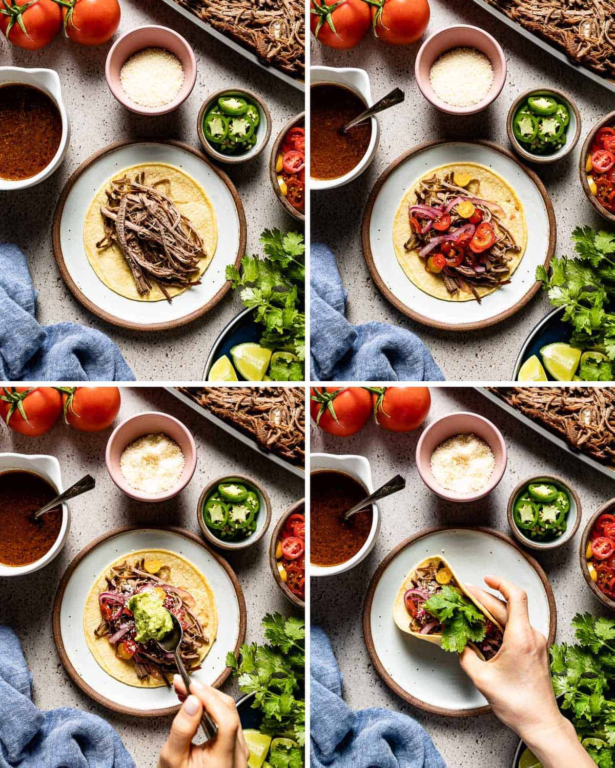 A group of images showing how to make brisket tacos with the toppings.