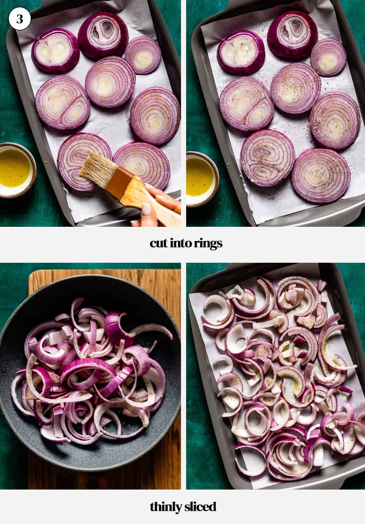 Red onion slices cut and seasoned according to the way they were cut.