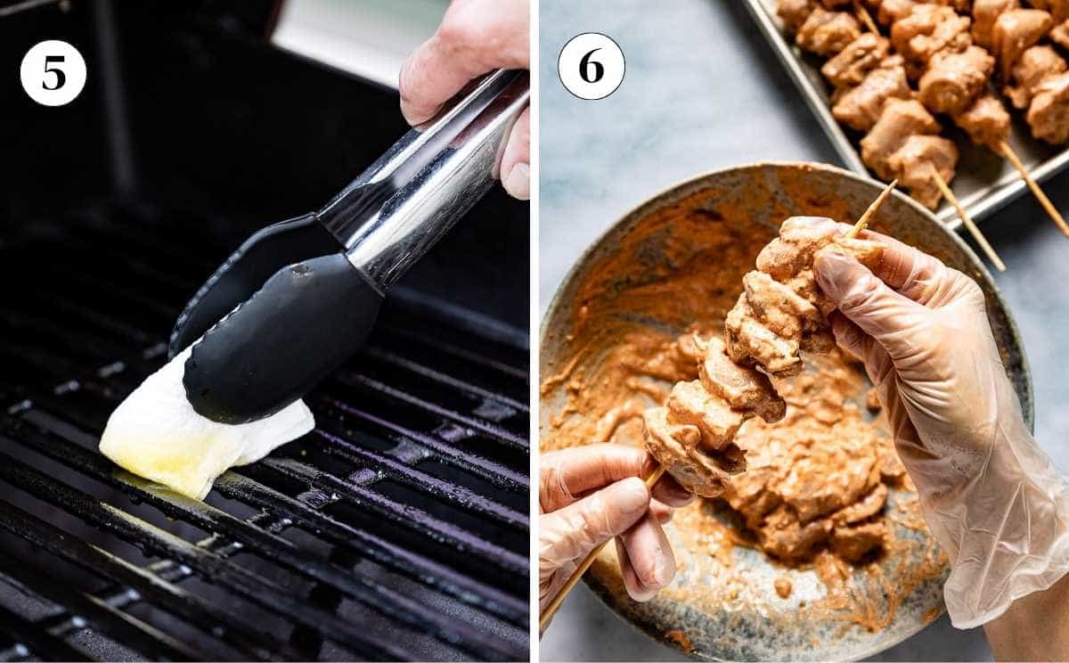 Oiling grill grates with tongs and threading marinated chicken onto skewers for shish tawook.