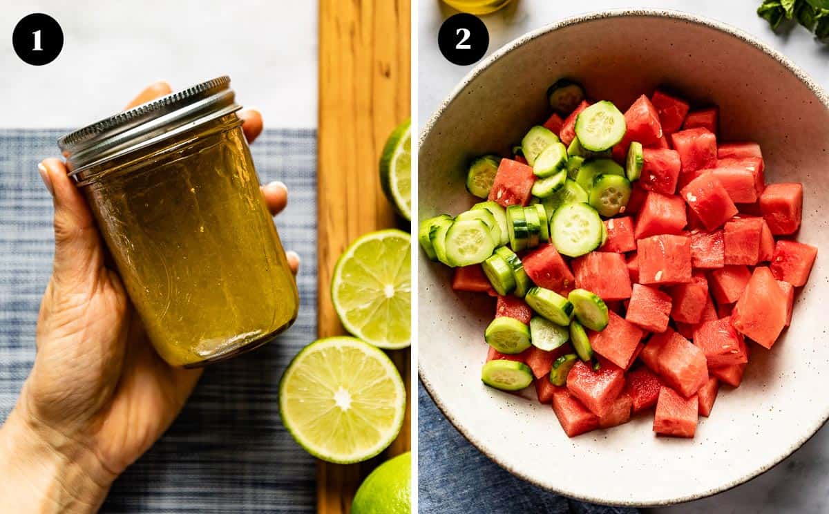 A collage of images shwowing the dressing for watermelon cucumber salad and the ingredients in a bowl.