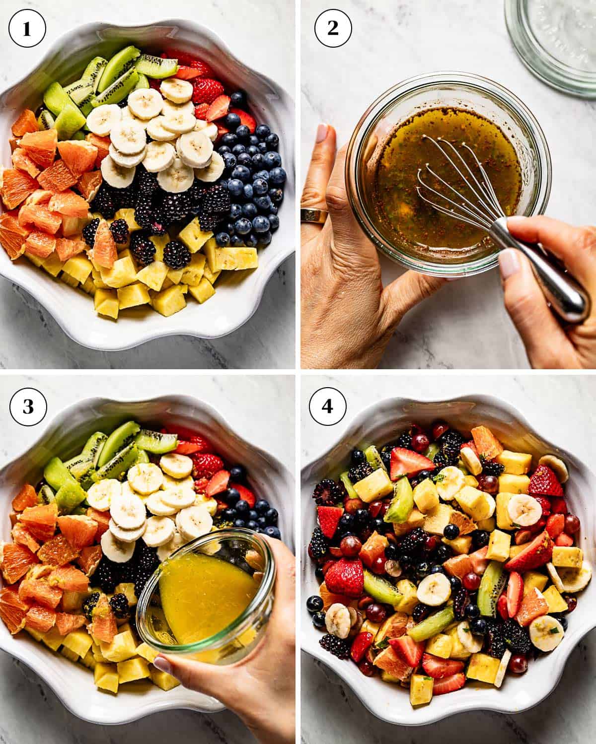 A collage of images showing how to make breakfast or brunch fruit salad recipe.