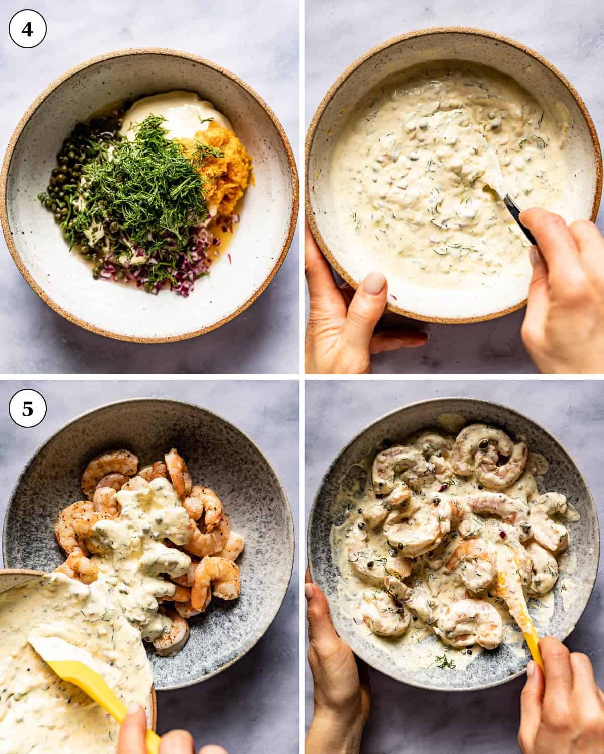 A collage of images showing how to mix the roasted shrimp with the mayo dressing.