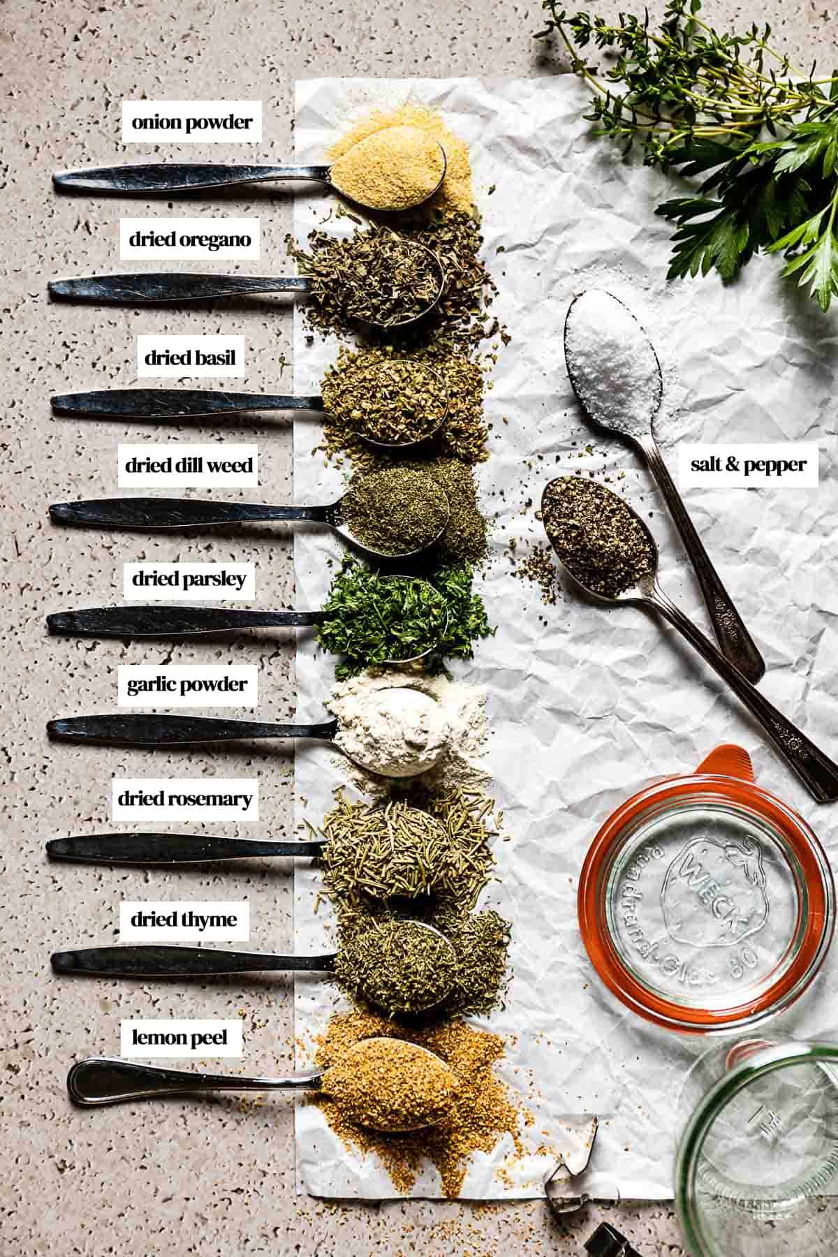 Mediterranean herbs and spices in small spoons with text on every ingredient.