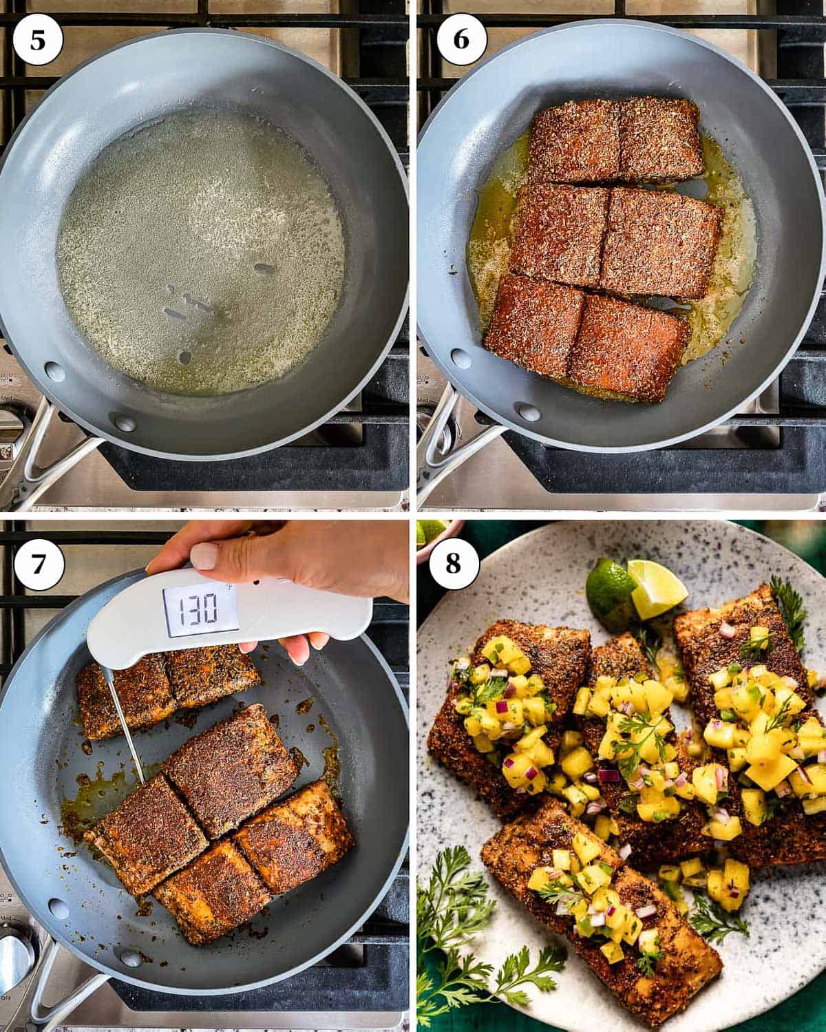 A group of images showing how to blacken mahi mahi steaks.