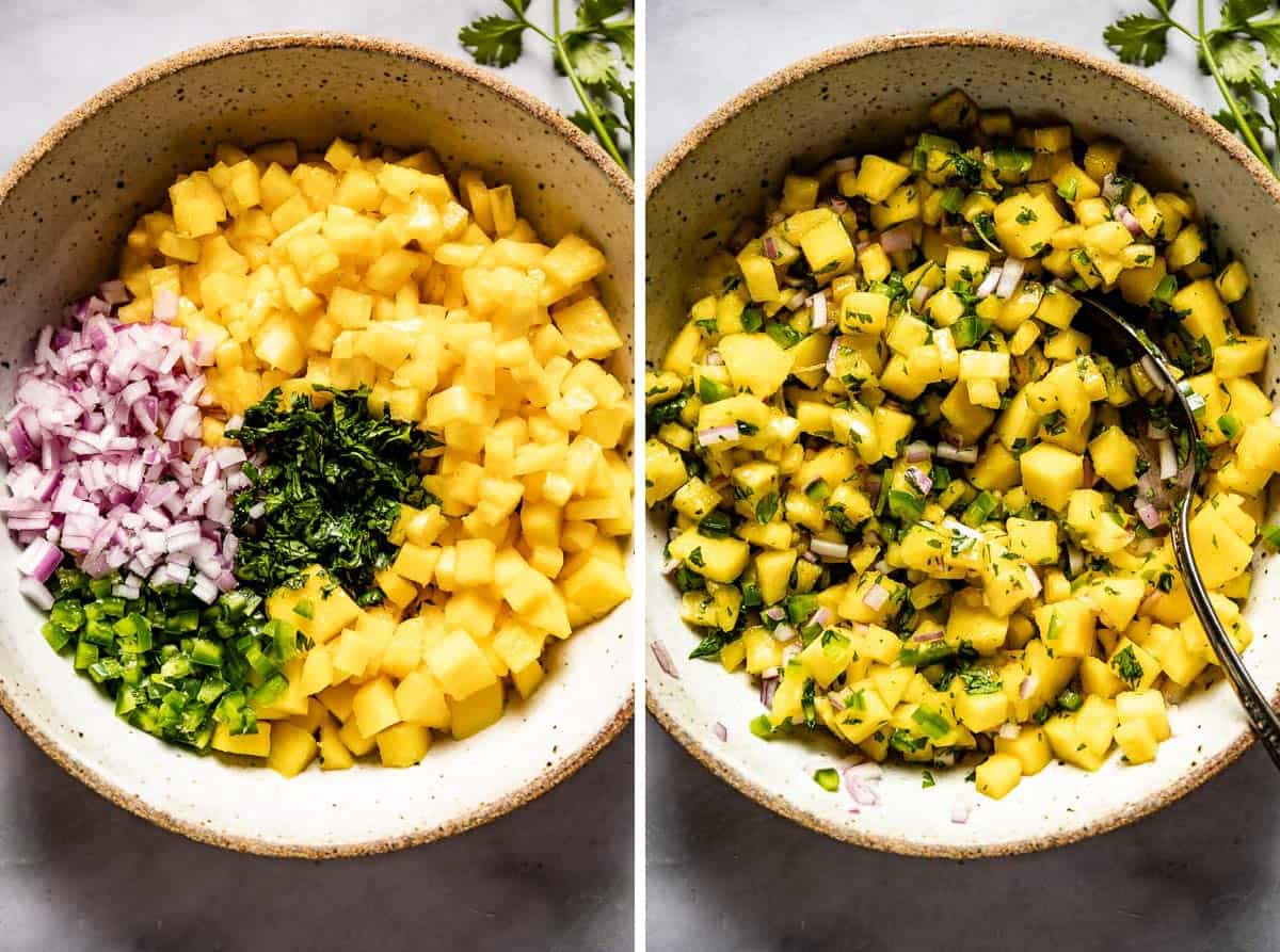 A collage of images showing how to make mango salsa.