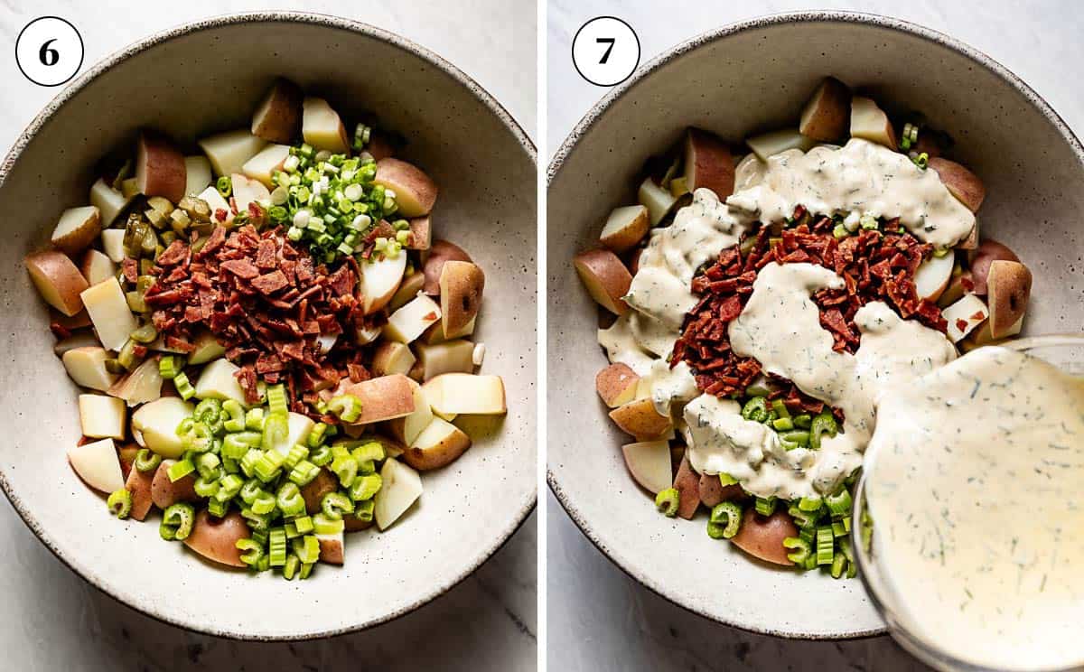 A collage of images showing how to assemble red skin potato salad.