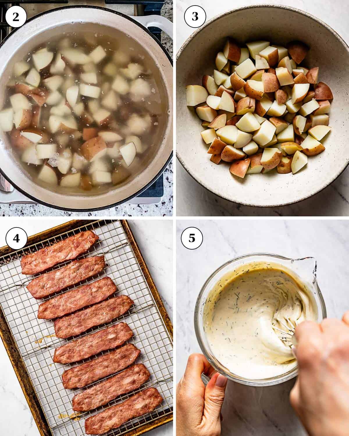 Person showing how to make potato salad with red potatoes in a collage of images.